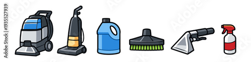 Cleaning equipment icons set in a flat design style