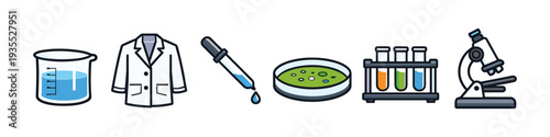 Laboratory equipment icons including beaker, lab coat, pipette, petri dish, test tubes, and microscope