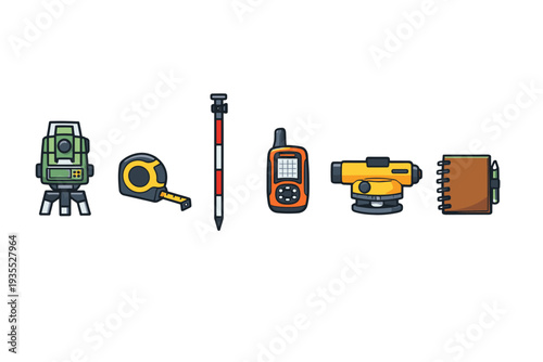 Collection of surveying and construction tools including a total station, tape measure, and level
