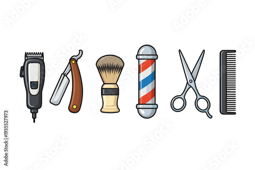 Collection of classic barber tools including a clipper, straight razor, brush, pole, scissors, and comb