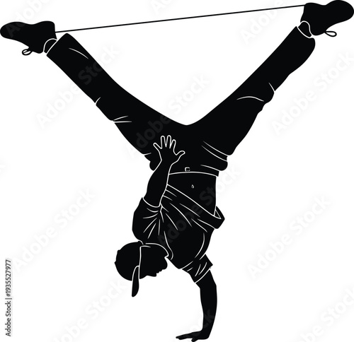 Black silhouette vector illustration of a breakdancer performing a one handed handstand freeze with legs spread on a white background