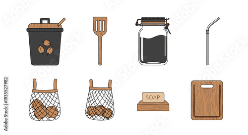 Collection of eco-friendly kitchenware and sustainable products, promoting zero waste living