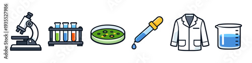 Collection of scientific laboratory equipment icons for research and discovery