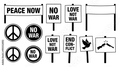 Collection of peace signs and protest posters expressing anti-war sentiments and advocating for peace and love