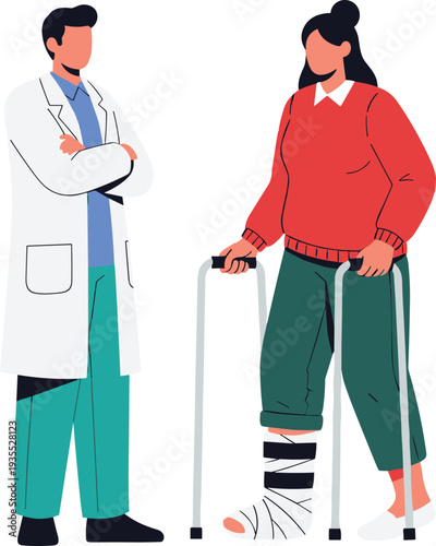 Doctor assisting injured patient using crutches and leg brace during orthopedic rehabilitation and medical recovery flat vector illustration