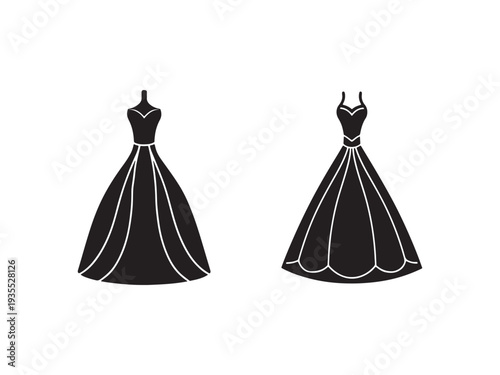 Elegant evening gowns with white outlines on plain white background for fashion design or illustration
