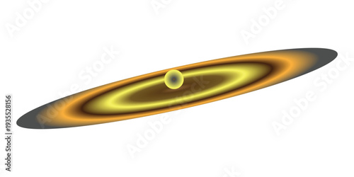 Stylized abstract galaxy or planetary system illustration featuring a bright yellow central orb surrounded by concentric elliptical rings in warm yellow, orange, and grey tones.