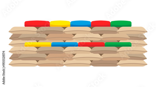 A barrier of sandbags with colorful blocks placed on top. The sandbags are arranged in layers, creating a wall. The blocks come in multiple colors: red, yellow, blue, and green.