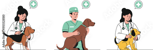 Veterinarian doctors examining and caring for dogs in veterinary clinic flat vector illustration set pet healthcare medical concept