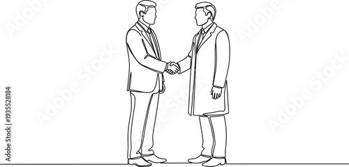 Continuous line drawing of businessman and doctor shaking hands representing professional medical consultation partnership agreement and healthcare trust in office setting.