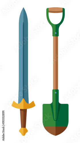 Sword and shovel, a juxtaposition of tools, symbols of different functions