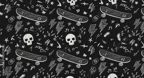 Seamless pattern with hand-drawn skateboards, skulls, lightning bolts, and stars in doodle style on a black background.