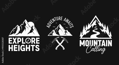 Set of two adventure-themed vector emblems with mountain landscapes and camping gear on a dark black background.