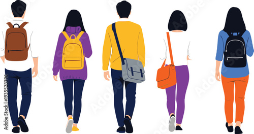 Students Walking Back View Collection with Backpacks and Shoulder Bags College and School Lifestyle Vector Illustration