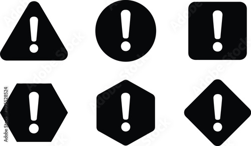 Set of 6 black warning exclamation mark icons vector