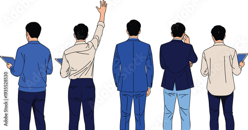 Businessmen Seen from Back Collection with Different Gestures Using Tablet Phone and Raising Hand Corporate Vector Illustration