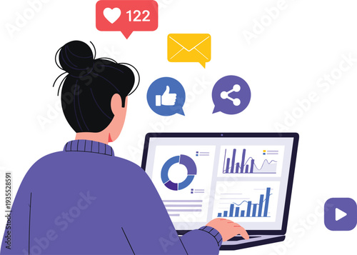 Social Media Marketing Analytics Concept with Woman Using Laptop and Notifications Likes Messages and Data Charts Vector Illustration