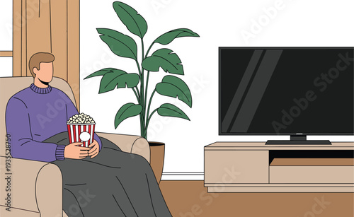 Man Watching Television While Eating Popcorn Sitting on Sofa in Living Room Home Entertainment Vector Illustration