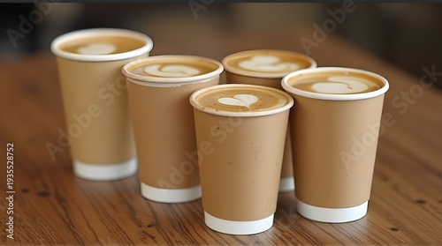 five disposable cups of latte coffee