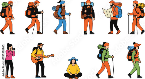 Hikers and Backpackers Collection with Camping Adventure Activities Walking Photography Guitar and Map Navigation Vector Illustration