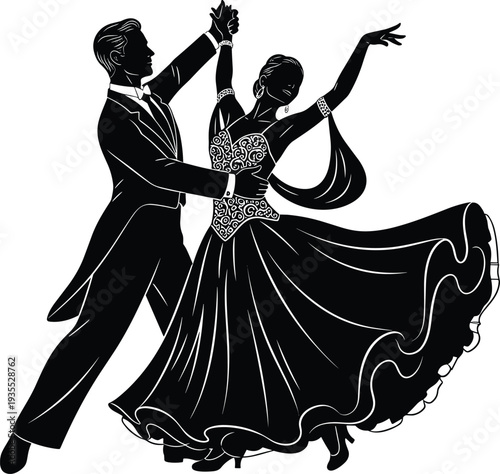 Elegant Black and White Silhouette of a Professional Ballroom Dance Couple Performing a Graceful Waltz in Formal Evening Wear Illustration