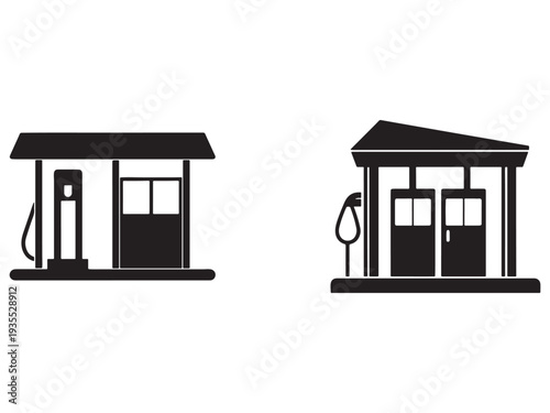 Gas station icons with fuel pumps and canopies  fuel service stations  petrol pumps