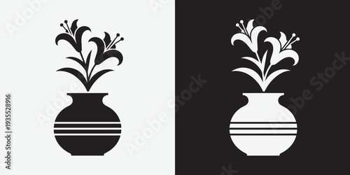 Minimalist black and white lily flowers in a vase icon design