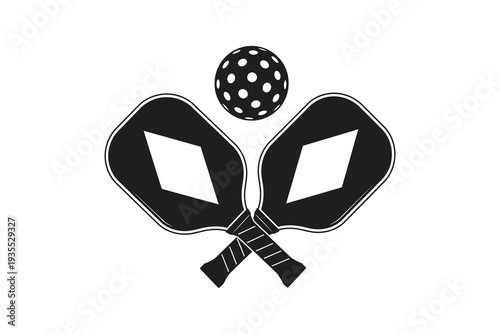 Two crossed tennis rackets with a ball on top symbolizing a sports logo. Vector