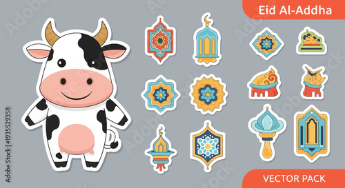 Cute cartoon cow and a collection of traditional Islamic decorative elements and lanterns, perfect for Eid Al-Adha celebrations, presented as a vector sticker pack.