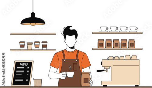 Barista Making Coffee in Modern Coffee Shop with Espresso Machine Cups and Cafe Interior Cartoon Vector Illustration