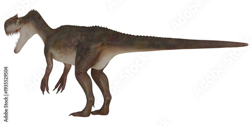 Photography Illustration of a fierce dinosaur on white background.