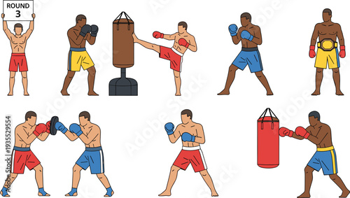 Boxing Fighters Training and Fighting Collection with Punching Bag Sparring Round Announcement and Champion Belt Vector Illustration