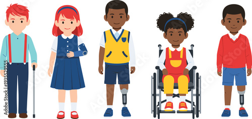 Children with Disabilities Collection Including Kids Using Wheelchair Crutches and Prosthetic Leg Inclusive Education Cartoon Vector Illustration