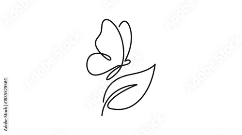 Butterfly Above Leaf One-Line Icon, Single Continuous Line Minimal Nature Outline