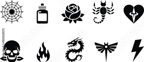 Black silhouette of various symbols silhouettes spider web