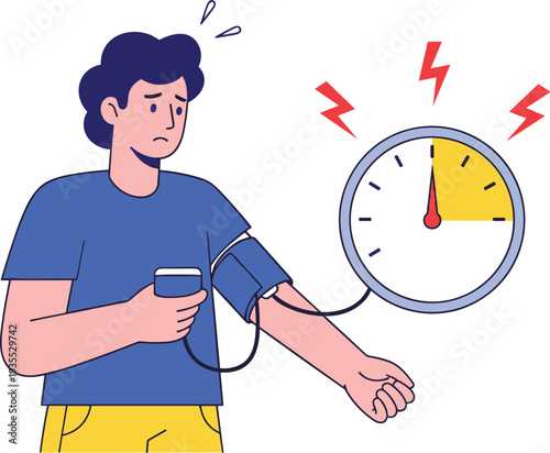 Man Measuring High Blood Pressure with Digital Monitor Showing Hypertension Health Problem Medical Vector Illustration