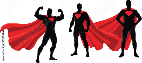 Powerful Silhouette of Three Superheroes with Red Capes and Diamond Emblems Representing Strength Leadership Courage Justice and Heroic Teamwork Concept