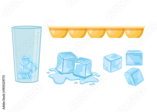 Ice cubes melting in glass and plastic tray vector stock illustration.