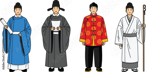 Traditional Chinese Men Wearing Historical Hanfu and Cultural Robes Ancient Asian Clothing Characters Vector Illustration Collection