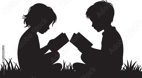 Vector silhouette of siblings sitting in the grass and reading book on white background. Symbol of girl, sister, brother, friends, family, infant, childhood, nature, park, garden