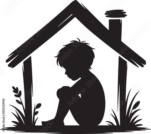 Vulnerable child silhouette in broken home represents homelessness, poverty, social issues, and child welfare
