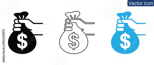 Set of vector icons depicting hands holding money bags with dollar signs and crowns, symbolizing wealth and financial success