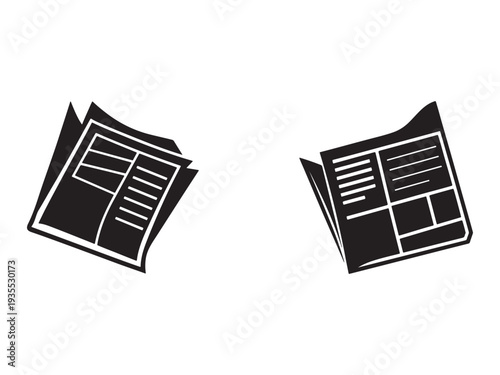 Newspaper icon designs with folded pages and text layouts on white background  press and media symbol