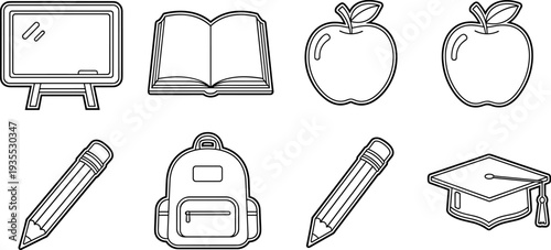School-related icons in a minimalist line drawing style for educational themes