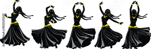 Set of five black silhouettes of Indian belly dancers in graceful poses with yellow jewelry and flowing skirts on white background