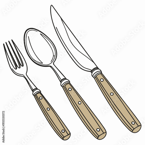 A simple illustration of three pieces of cutlery a fork, spoon, and knife. Each has a metallic head with a sturdy brown handle secured by two rivets, drawn in a clean, minimal style.