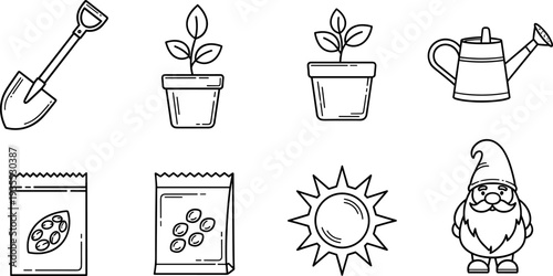 Gardening icons set: shovel, potted plants, seeds, watering can, sun, and gnome