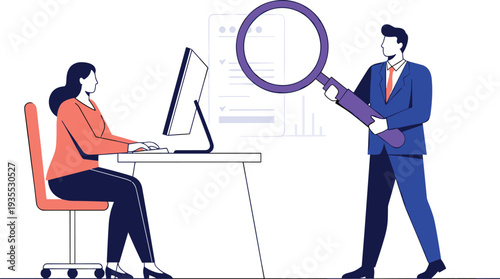 Business Data Analysis Concept with Businesswoman Working on Computer and Man Holding Magnifying Glass for Research Vector Illustration