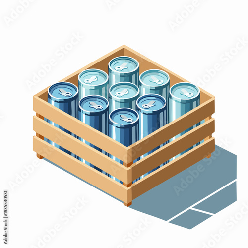 Isometric wooden crate filled with multiple refreshing blue and silver beverage cans, perfect for storage or retail concepts