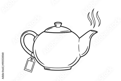 A detailed illustration of a traditional teapot with a tag and steam rising from the spout Vector